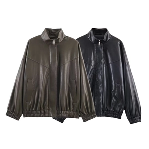 Detail view of olive brown and black faux leather jackets with elastic cuffs and hem