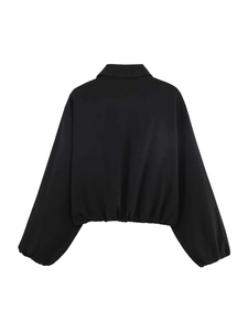 Back view of a cropped black jacket featuring a wide collar and elasticized hem