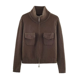 Women's knit zip-up jacket in dark brown with high collar and ribbed cuffs