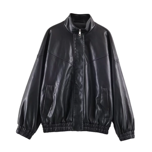 Close-up of matte black leather bomber jacket with stand collar and elasticated hem details