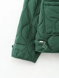 Detail of dark green quilted jacket featuring gourd stitching and adjustable drawstring