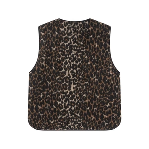 Detailed back view of a fuzzy leopard print vest with black trimmed edges and warm texture