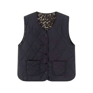 Quilted black reversible vest with leopard print lining and front pockets