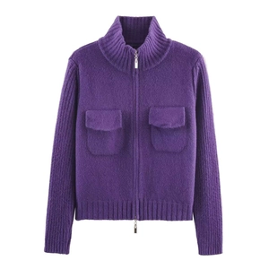 Women's dark purple knitted zip-up jacket with dual zippers and symmetrical pockets