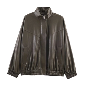Deep brown faux leather bomber jacket with stand collar and loose neutral silhouette