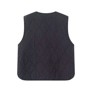 Back view of black quilted vest with wavy onion pattern stitching and curved hem