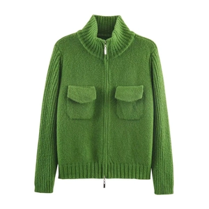 Grass green knit cardigan with high collar, metal zipper, and dual front pockets