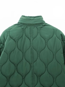 Detail view of the quilted stitching and stand collar on the dark green winter jacket