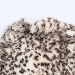 Close-up of soft leopard print faux fur texture with delicate fibers and fluffy feel