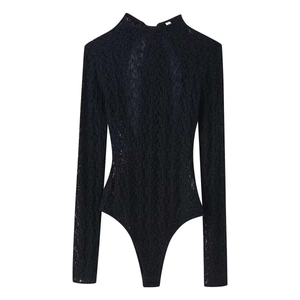 Women's black long sleeve lace bodysuit with high neck floral crochet pattern