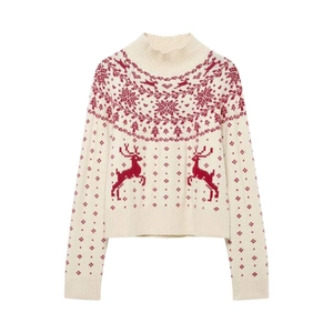 Women Christmas Reindeer Snowflake Jacquard Knit Sweater High Neck Long Sleeve Off White Red Fair Isle Winter Pullover Jumper