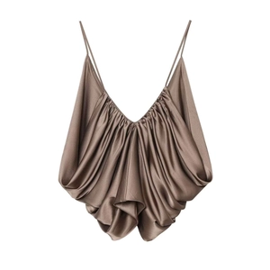 Women's brown satin V-neck camisole top with thin straps and elegant draped pleats