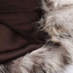 Close-up of the plush faux fur collar and textured knit animal print winter coat