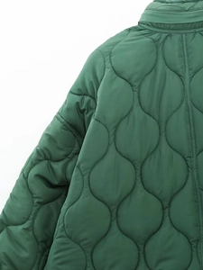 Detail showing the classic onion quilting and fabric texture of this dark green jacket