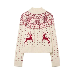 Winter Christmas knit sweater with red Fair Isle reindeer and snowflake patterns