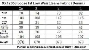 Size chart table for wide leg loose jeans with detailed measurements in centimeters