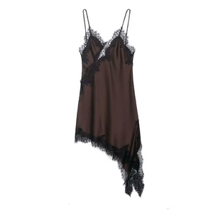Dark coffee silk-like slip dress featuring black lace trim and asymmetrical hem details