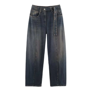 Retro dark blue high waist wide leg denim jeans with seamed front and matching belt