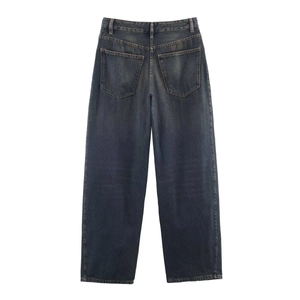 Detail view of the back of high-waisted wide-leg denim jeans in vintage washed dark blue