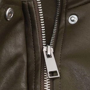 Olive brown faux leather jacket with high collar and premium silver zipper detail