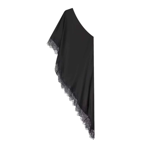 Elegante Top Nero Monospalla in Raso di Acetato Con Bordo in Pizzo Orlo Asimmetrico per Donna Estate Festa Blusa da Sera