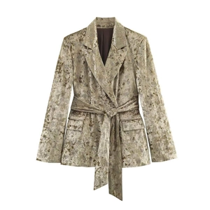 Chaqueta blazer de terciopelo metalizado para mujer con lazo de cintura en verde salvia