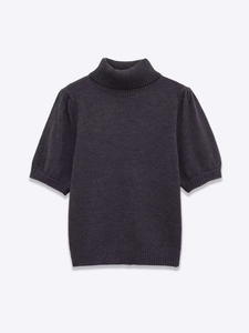 Detailed view of dark grey high neck knit top with ribbed cuffs and soft fabric texture