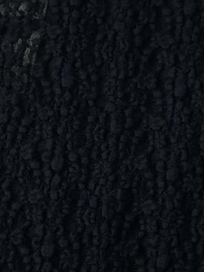 Macro detail of black textured lace fabric with 3D embossed floral patterns and stitching