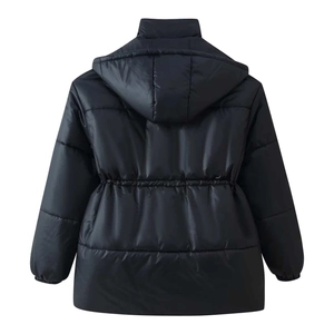 Back view of a black quilted puffer jacket with drawstring waist and hooded design