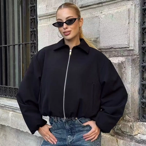 Classic black cropped bomber jacket for women featuring a stylish silver metal zipper