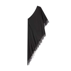 Top asimmetrico monospalla nero con raffinati bordi in pizzo floreale e orlo drappeggiato