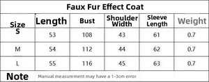 Detailed size guide for faux fur coat showing S, M, L measurements in a clear data table