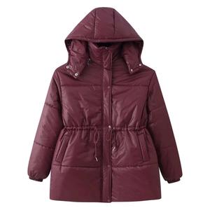 Women's burgundy hooded puffer coat with adjustable drawstring waist and zip closure