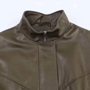 Olive brown faux leather jacket with stand collar and detailed pleated hem stitching
