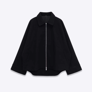 Women Casual Loose Black Woolen Jacket Boxy Short Coat With Zipper Pointed Collar Long Raglan Sleeve Fall Outerwear