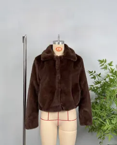 Detail of coffee brown faux mink fur jacket with lapel collar shown on a mannequin