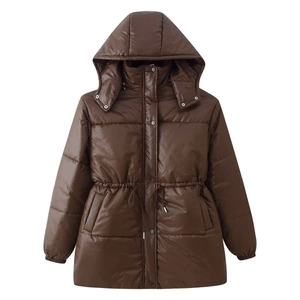 Women's dark brown winter parka with hood, adjustable drawstring waist and glossy finish