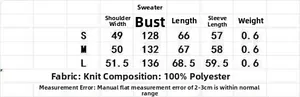 Size chart for floral jacquard knit sweater detailing bust, length, and fabric composition