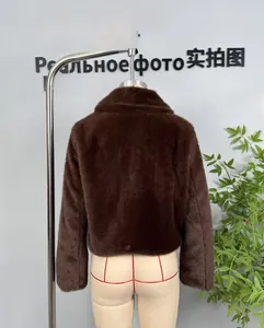 Rear view of a premium dark brown faux fur coat with a plush texture and stand collar