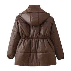 Detail view of the drawstring waist and glossy brown fabric on the back of the winter parka