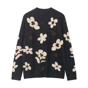 Cozy dark grey floral jacquard knit cardigan with loose fit and ribbed finishes