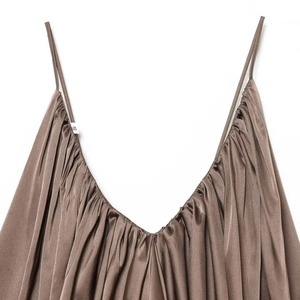 Coffee brown satin camisole top with elegant pleats and deep V-neckline detail