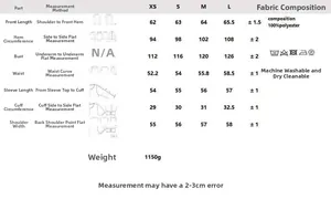 Detailed sizing chart and specifications for the red faux suede double-breasted jacket