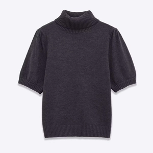 Elegant dark grey short sleeve turtleneck knit sweater with ribbed trim and puff sleeves