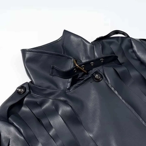 Fashionable dark blue PU leather utility jacket with punk style buckle collar and epaulets