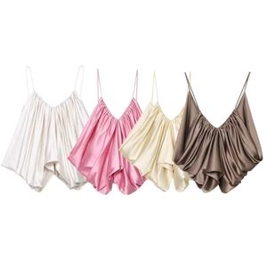 Lustrous satin V-neck camisoles set in ivory, pink, beige, and coffee brown colors