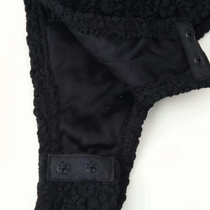 Women's black faux fur satin bodysuit featuring bow detail and snap closure design