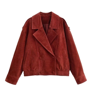 Women Vintage Suede Jacket Double Breasted Lapel Collar Outerwear Elegant Brick Red Casual Regular Fit Long Sleeve Coat