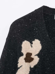 Macro detail of coarse knit texture and beige floral pattern on black oversized cardigan