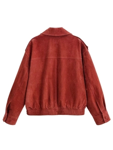 Back view of brick red suede jacket showing elastic waist and double stitching details